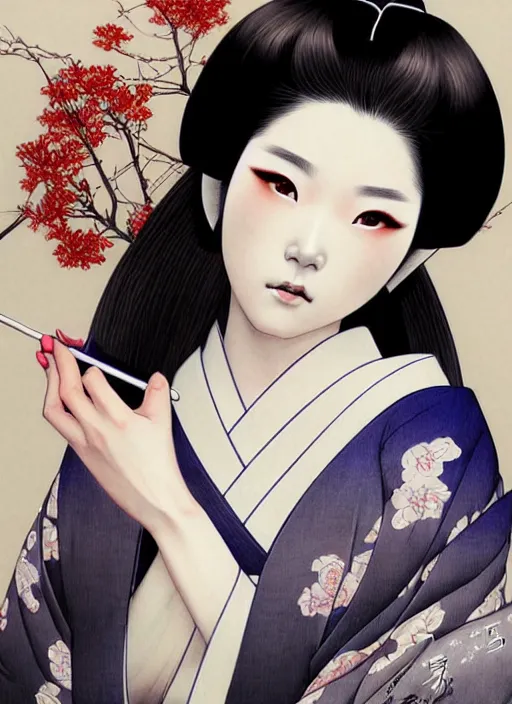 Image similar to lovely japanese geisha, character portrait, sketch, concept art, intricate details, highly detailed photorealistic, portrait, in the style of adam hughes, seseon yoon, artgerm and warren louw