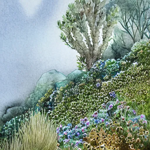 Image similar to delicate coastline mountain garden on paper, stony, puffy, botanical herbarium, botanic watercolors, iridescent, 8 k wide angle, realistic shaded, fine details, artstation, italian, rainbow, colonnade, oak, pinecone, pomegranade, hydrangea, vines, gardena architecture, pompeian, sicilian