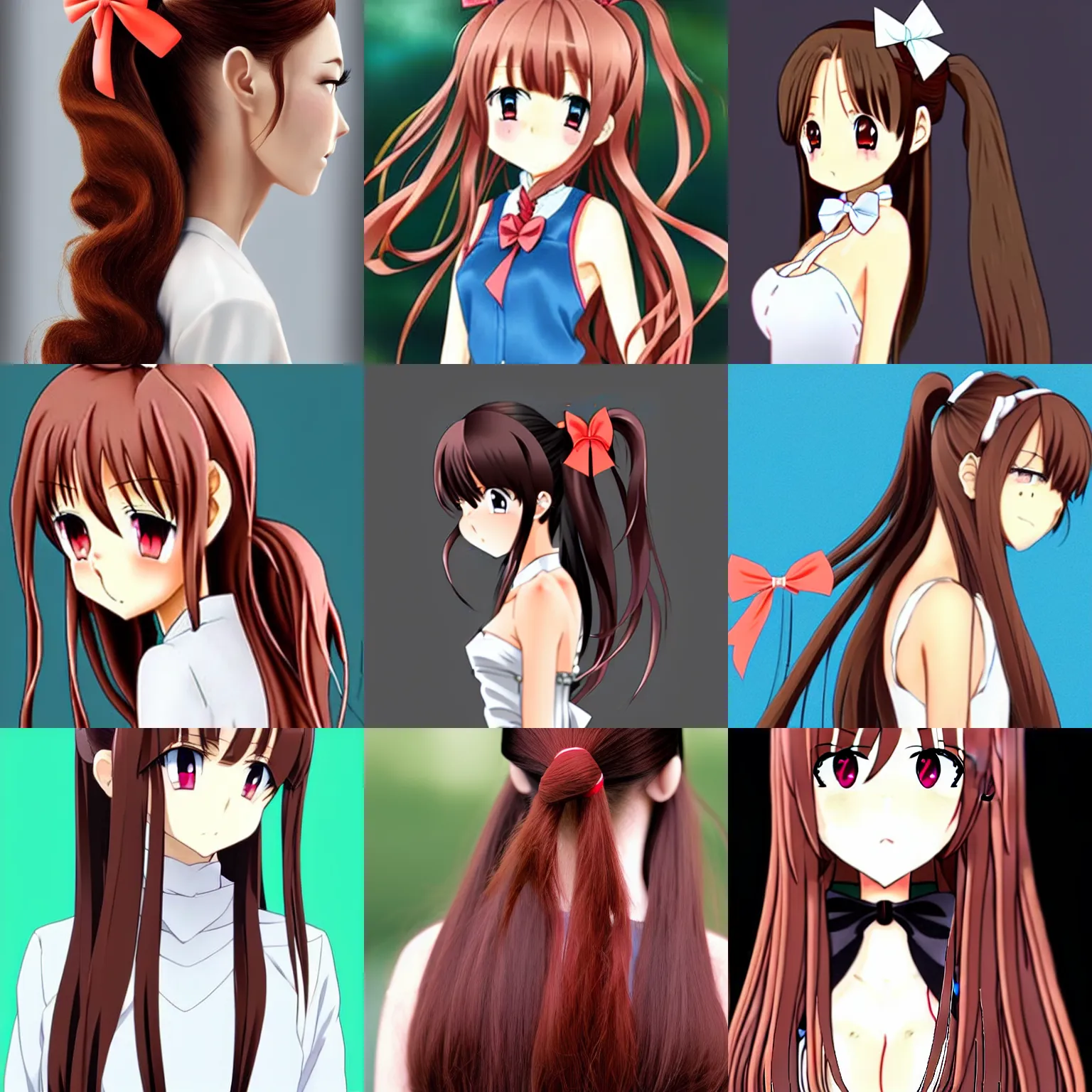 Prompt: An anime girl with extensively long coral brown hair that she keeps tied up in a high ponytail tied back with a large white bow, curled slightly at the ends.