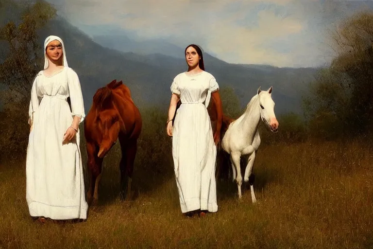 Prompt: Woman in a long white traditional dress standing with horses in a mountain meadow, Charles-Theodore Frere, artstation