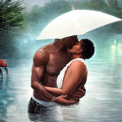 Image similar to african american man kissing and hugging a white blonde woman in the rain at a pool. digital painting, extremely detailed, 4 k, intricate, brush strokes, mark arian, artgerm, bastien lecouffe - deharme