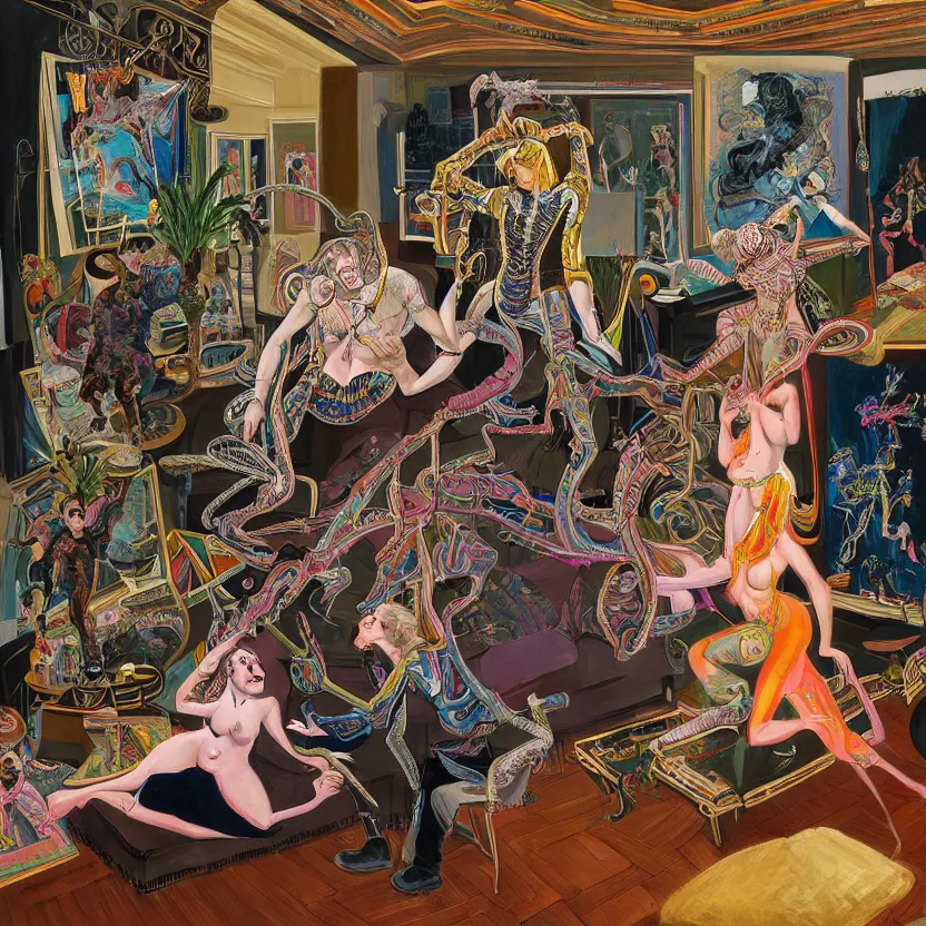 Image similar to a highly detailed beautiful masterpiece painting of a technomancer man and woman start to bounce in a living room of a house. There is one living room plant to the side of the room, surrounded by synthesized AI djinn hologram, cover artwork by francis bacon and Jenny seville and frank stella, midnight hour, part by adrian ghenie, part by jeffrey smith, part by josan gonzales, part by norman rockwell, part by phil hale, part by kim dorland, palette knife texture, smudged paint, muted cold colors, palette knife texture, highly detailed, artstation