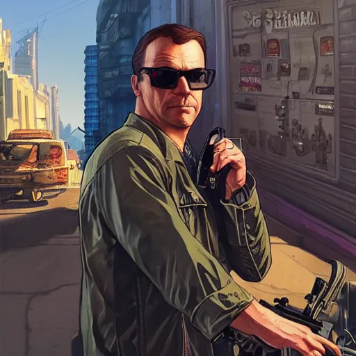 Prompt: GTA5, Cover Art, Grand Theft Auto Poster, Ted Lasso as a secret agent with sunglasses, D&D, fantasy, intricate, elegant, highly detailed, digital painting, artstation, concept art, matte, sharp focus, illustration, hearthstone, art by Artgerm and Greg Rutkowski