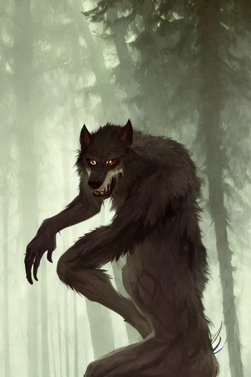 Image similar to fullbody portrait of a male werewolf, bared teeth, long claws, by greg rutkowski and alphonse mucha, gradient brown to silver, in front of a forest at night background, highly detailed portrait, digital painting, artstation, concept art, smooth, sharp focus illustration