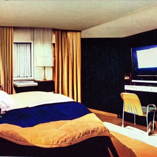 Prompt: a bedroom with a Commodore 64. 1983.