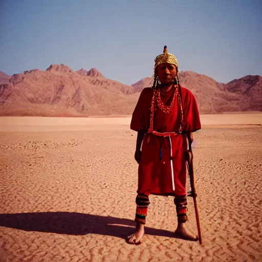 Image similar to 8k pov of a tribe in the desert, Cinestill 800t, cinematic, trending on Flickr, wear red tunics and gold mask and jewels