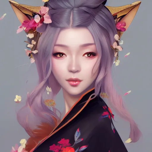 Image similar to A potrait of a beautiful, shapely woman with fox ears wearing a modest kimono, digital painting, by Stanley Artgerm Lau, WLOP, Rossdraws, LeraPi, and Sakimichan, digtial painting, trending on ArtStation, deviantart, SFW version