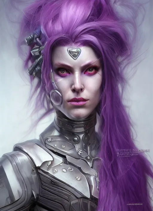 Image similar to a hyper detailed face portrait of a pale woman with purple hair in sci - fi cybernetic armor, sylvanas windrunner, sideshow figurines, by tom bagshaw, artgerm, dorian cleavenger, greg rutkowski, wlop, astri lohne, zdzisław beksinski trending on artstation