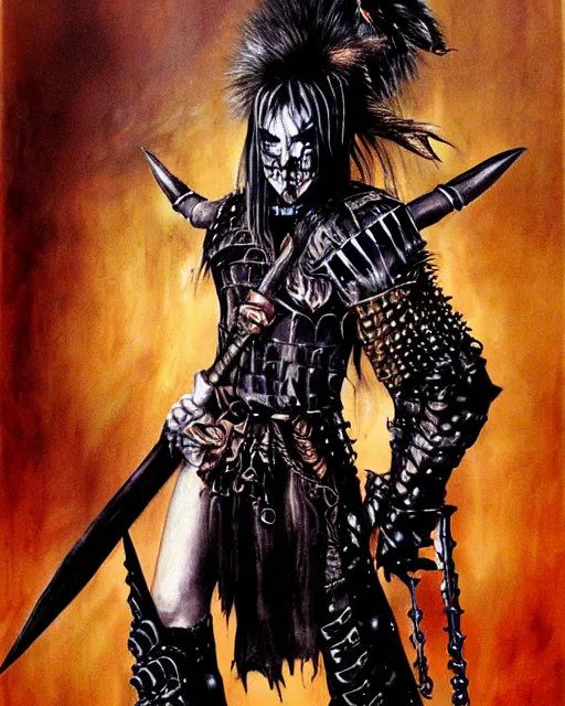 Prompt: portrait of a skinny punk goth warrior wearing armor by simon bisley, fantasy, barbarian, hardcore