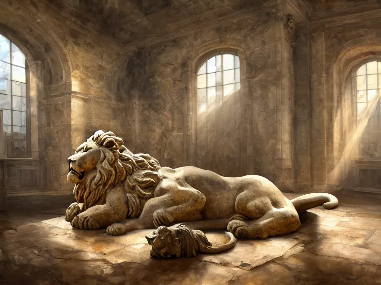 Image similar to expressive rustic oil painting, a stone workshop with in the center an impressive large statue of a marble lion, dust, ambient occlusion, morning, rays of light coming through windows, dim lighting, brush strokes oil painting
