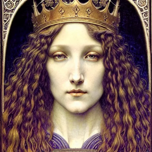 Prompt: detailed realistic beautiful young medieval queen face portrait by jean delville, gustave dore and marco mazzoni, art nouveau, symbolist, visionary, gothic, pre - raphaelite. horizontal symmetry