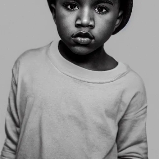 Image similar to the face of young kanye west wearing yeezy clothing at 6 years old, black and white portrait by julia cameron, chiaroscuro lighting, shallow depth of field, 8 0 mm, f 1. 8