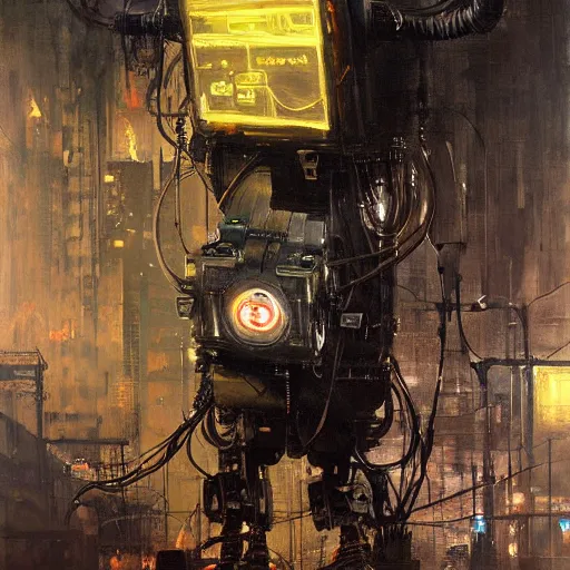 Image similar to robot cyborg cat, many wires and neon lights exposed, metal and glowing eyes, highly detailed painting by jeremy mann