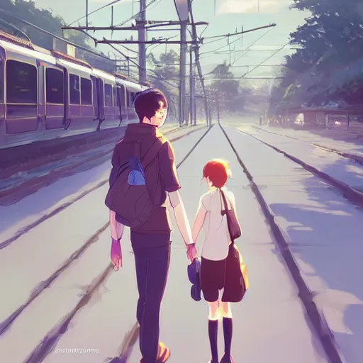 Image similar to a couple meeting up at a trainstation, running at each other with open arms. cgsociety masterpiece, artstation trending, by rossdraws, ghibli, Kimi no Na wa, greg rutkowski