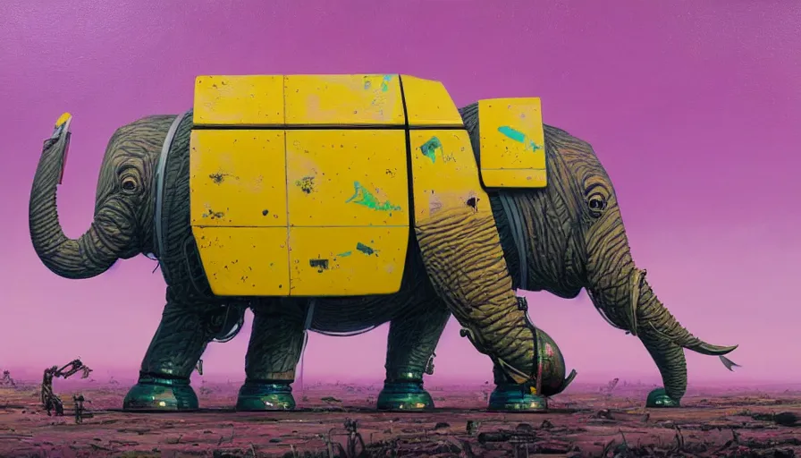 Prompt: an intricate oil painting of a giant south african armored elephant mecha by simon stalenhag, pink, yellow and cyan paint decals