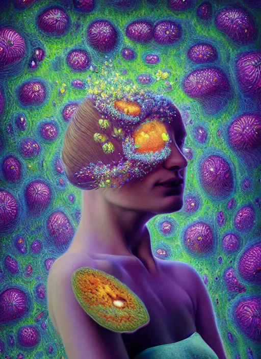 Image similar to hyper detailed 3d render like a Oil painting - Aurora (Singer) Eats of the Strangling Fruit of penance open eyes and Her Hands full of gossamer polyp blossoms bring iridescent fungal flowers whose spores black the foolish stars by Jacek Yerka, Mariusz Lewandowski, Houdini algorithmic generative render, Abstract brush strokes, Masterpiece, Edward Hopper and James Gilleard, Zdzislaw Beksinski, Mark Ryden, Wolfgang Lettl, hints of Yayoi Kasuma, octane render, 8k