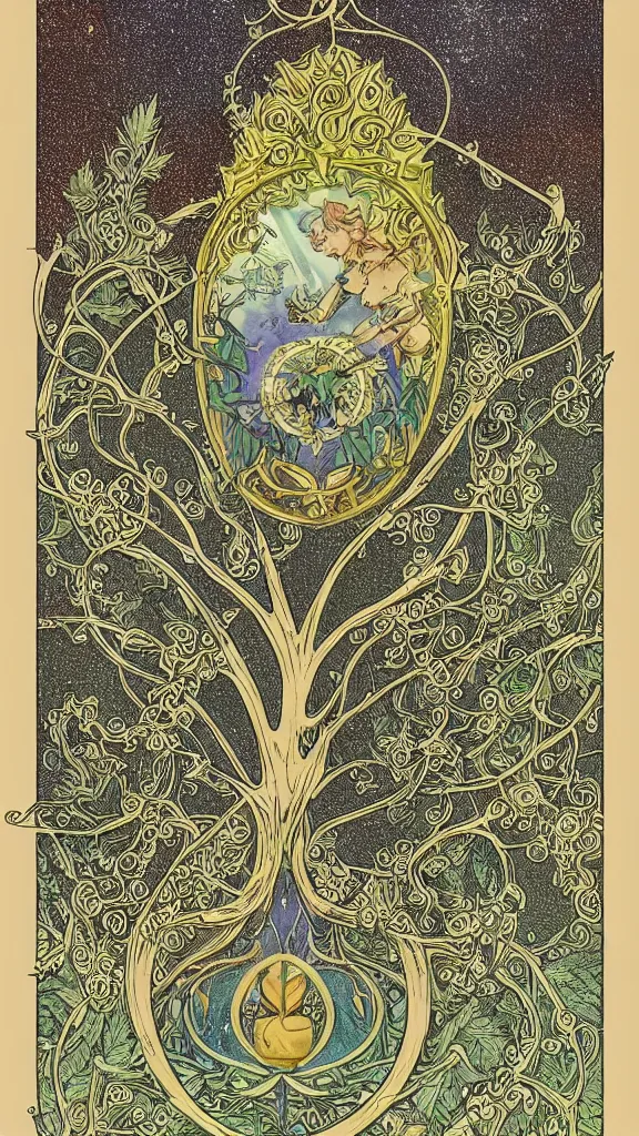 Prompt: Stunning tarot card of a cannabis histogram with Rococo ornaments, cinematic tree of life, symmetrical Prism sigil with Rococo ornament, bright mirror moon, by Mobius, Isometric art Nouveau clouds, cannabis plant tarot card whimsically designed rococo, illustration of cannabis plant tarot card in mucha style suspended in a sky dust storm amber light, section model, 4k post-processing highly detailed, 3D render, Octane render Hyper realistic, Soft illumination Brad Rigney Peter Mohrbacher mate painting, airbrush, symmetrical, sunrise, dramatic lighting, Maxfield Parrish, octane, aerial view, trending on ArtStation