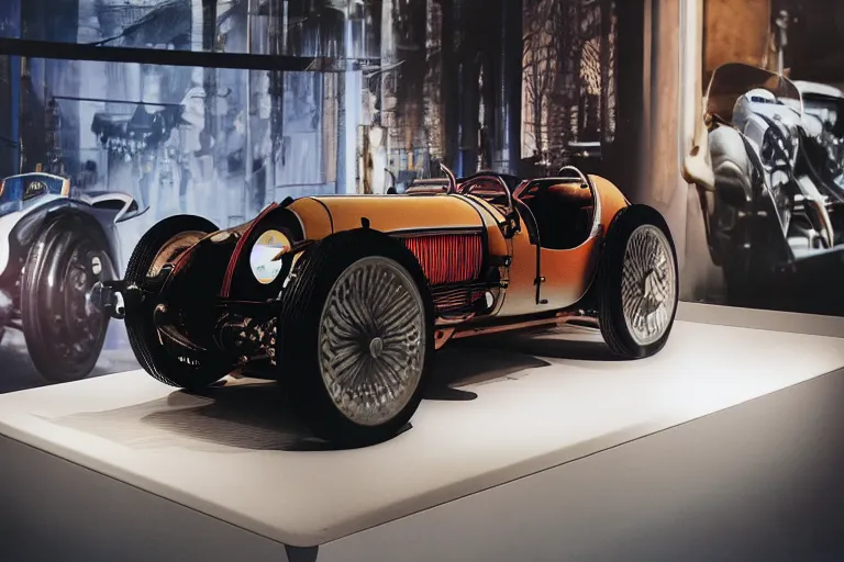 Image similar to cyberpunk 1 9 2 6 bugatti type 3 5, volumetric lighting, in a museum, museum exhibit, museum lighting, 9 0 s film photo