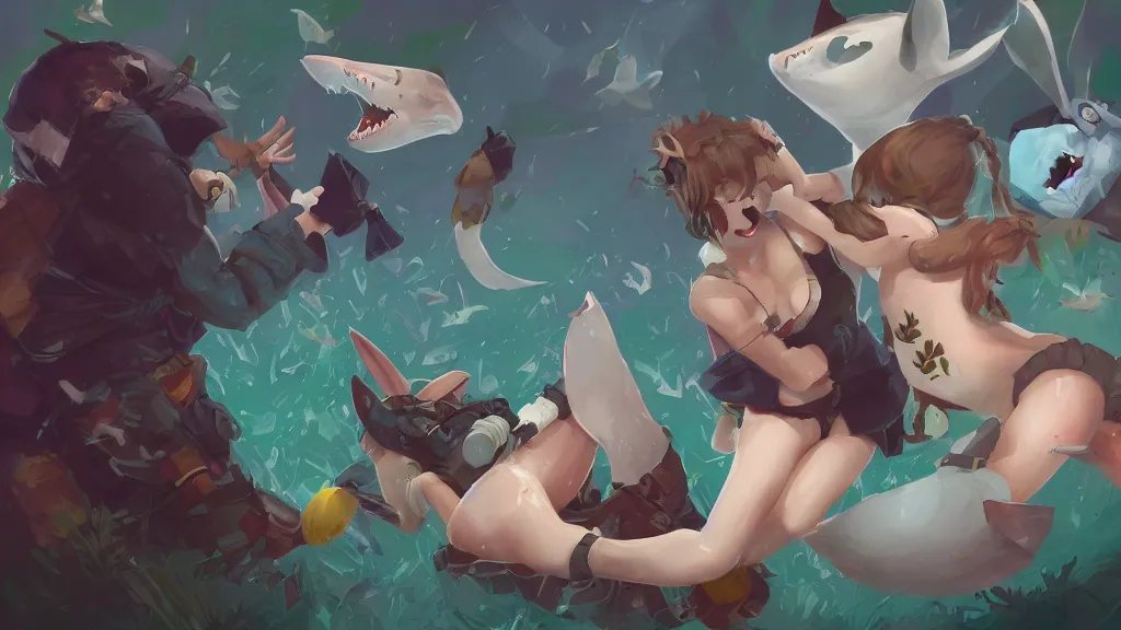 Image similar to A shark girl gets beat up by a criminal rabbit while an owl and mother nature watch. digital painting. trending in artstation. Masterpiece