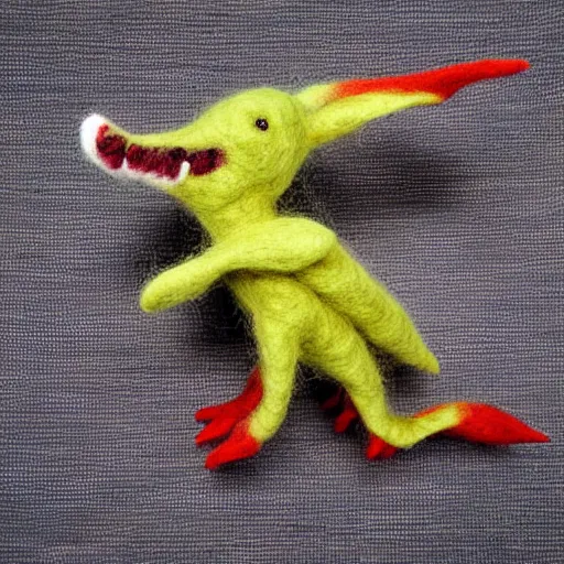 Image similar to a needle felted pterodactyl, needle felting art.