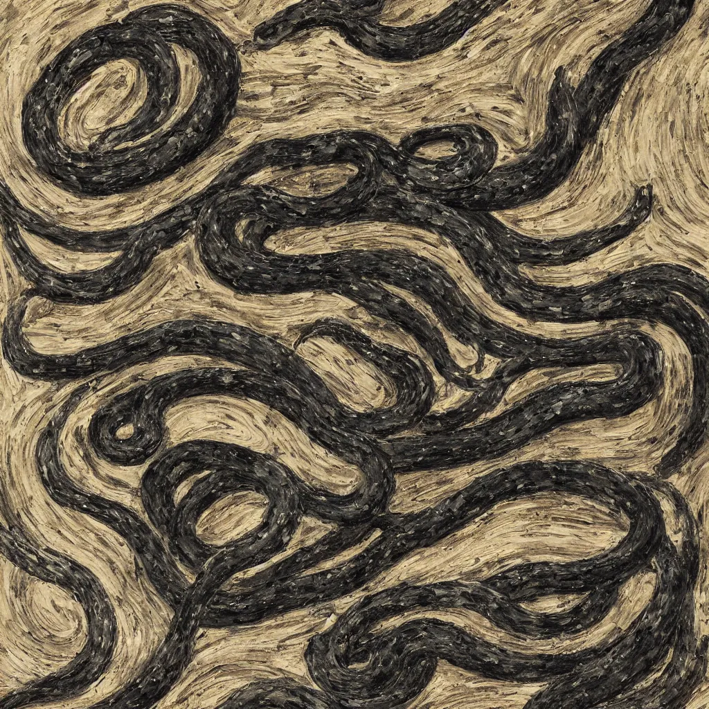 Prompt: texture of 3d high relief painting of writhing black and white snakes painted in the style of the old masters, painterly, thick heavy impasto, expressive impressionist style, painted with a palette knife