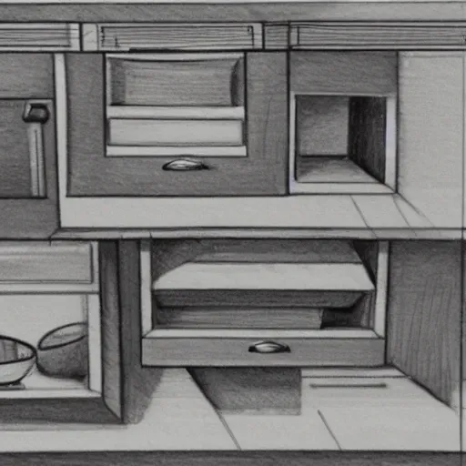 Prompt: a sketch of a kitchen drawer, drawing,