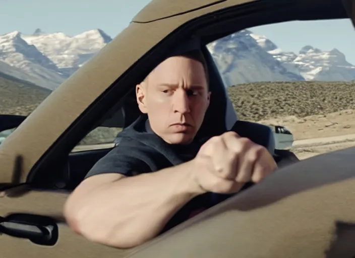Prompt: a very high resolution image from a new movie, eminem driving a car. mountains, directed by wes anderson
