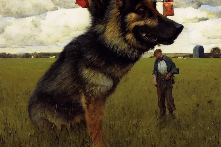 Prompt: farm life portrait of furry anthro anthropomorphic german shepard head animal person fursona wearing clothes on the field in ohio, sunny day, digital art by Nerdrum John, William Waterhouse, Winslow Homer, Alex Heywood, Jordan Grimmer, Darren Quach, Greg Rutkowski, Simon Stalenhag, trending on Artstation, CGSociety