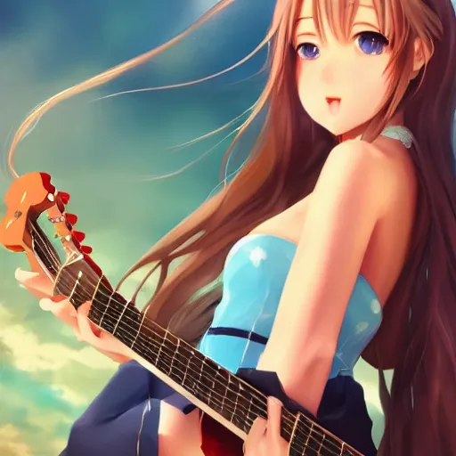 Image similar to a very beautiful young yuuki asuna playing guitar, full body, long wavy blond hair, sky blue eyes, full round face,, bikini, miniskirt, front view, mid - shot, highly detailed, cinematic wallpaper by stanley artgerm lau