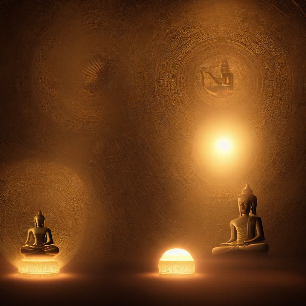 Image similar to meditating buddha sitting inside intricate sacred egyptian orb, floating in a void surrounded by a parhelion sundog in volumetric lighting., ornate, photorealistic, ultra detailed, octane render, high definition, depth of field, bokeh, 8 k, artstation, cgsociety