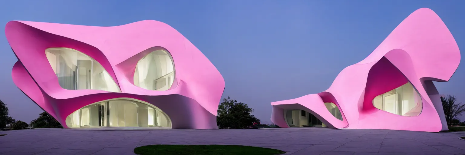 Prompt: photography of the pink house designed by Zaha Hadid, frontal view, evening, architecture award winning, concept