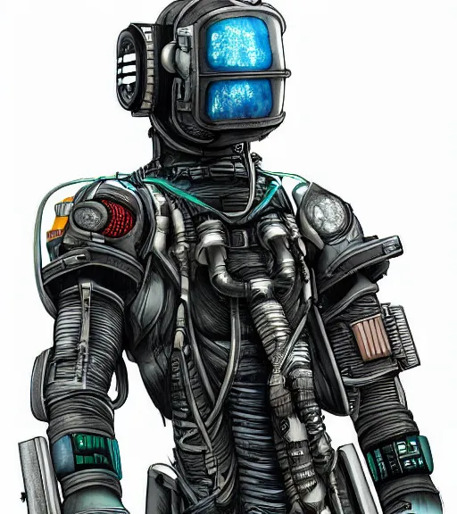 Image similar to realistic cyberpunk japanese engineer with long limbs and a black spacesuit carrying welder, techwear, dead space, visible face, Industrial Scifi, detailed illustration, character portrait, by Martin Grip and Moebius