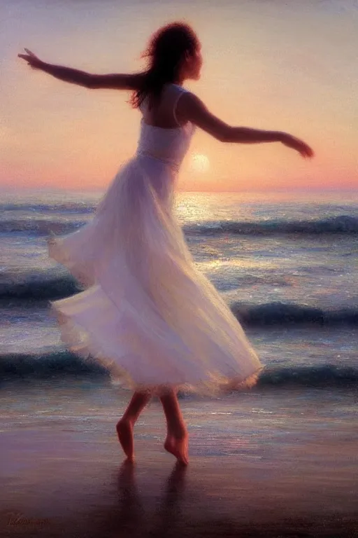 Image similar to A girl dancing on the seashore at sunset, by Vicente Romero Redondo