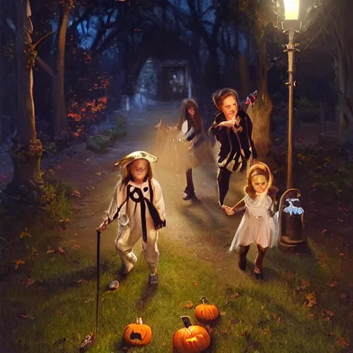 Image similar to epic masterpiece of cinematographic hyperrealism where 3 children appear trick - or - treating in halloween costumes. realistic shaded lighting poster by craig mallismo, artgerm, jeremy lipkin and michael garmash, unreal engine, radiant light, complex detailed environment, digital art, art station trends