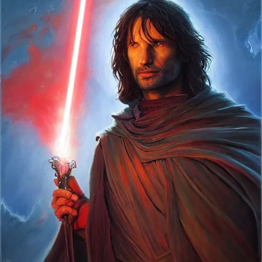 Image similar to portrait Aragorn as a Jedi Knight with red glowing eyes and a bright red lightsaber, art by pete mohrbacher and seb mckinnon and beksinski and josan gonzales, digital art, highly detailed, intricate, sci-fi, sharp focus, Trending on Artstation HQ, deviantart, unreal engine 5, 4K UHD image