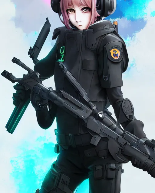 Image similar to nami, anime key visual of a young female swat officer, neon, cyberpunk, futuristic, white outfit, black swat vest, swat helmet, holding pdw, stunning, highly detailed, digital painting, smooth, soft focus, illustration, 4 k digital art from artstation by artgerm and greg rutkowski and alphonse mucha