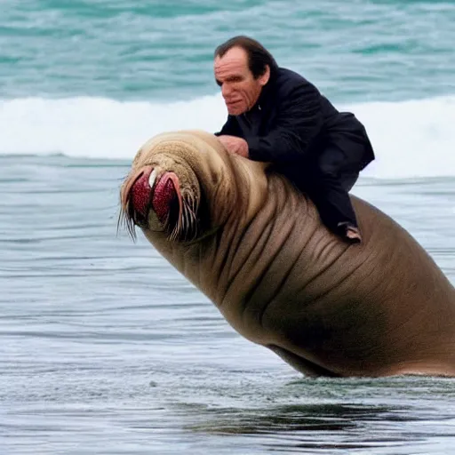 Prompt: tommy lee jones riding a walrus