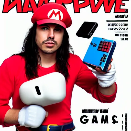 Prompt: Andrew WK showing off the new Mario game on the cover of Nintendo Power