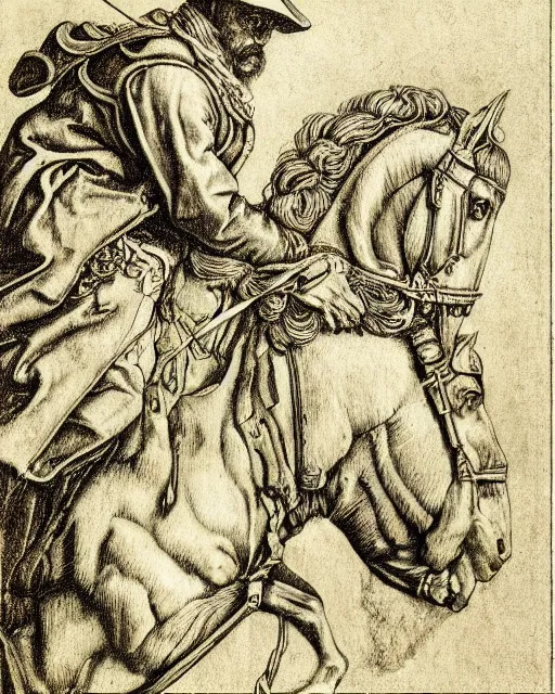 Image similar to man on horse, fine details, photorealistic, intricate complexity, extremely detailed, very sharp, in the style of albrecht durer,