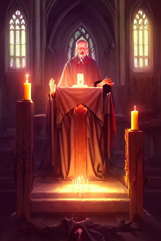 Prompt: dying rotting evil Priest at an alter giving a sermon to followers portrait by Artgerm and WLOP