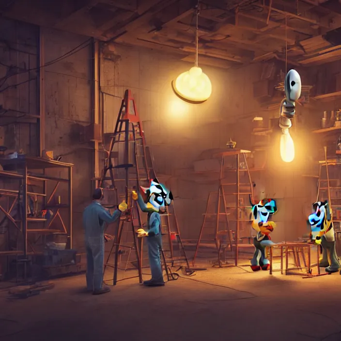 Image similar to crew of workers building giant mickey mouse head in quaint workshop, octane render, 4 k ultra hd, hyper - detailed, realistic, seedy lighting, sharp focus, in style of beeple