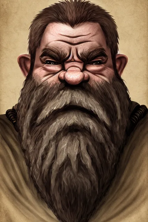 Prompt: head and shoulders portrait of a dwarf adventurer, mouth scar, grandfatherly, veteran, leather armor, male, high fantasy, d & d, by tyler jacobson, face details, extremely detailed, digital illustration