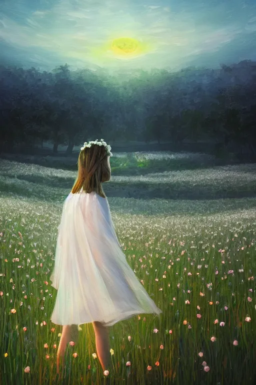 Image similar to giant white daisy flower veil, girl walking in a flower field, surreal photography, sunrise, dramatic light, impressionist painting, colorful clouds, digital painting, artstation, simon stalenhag