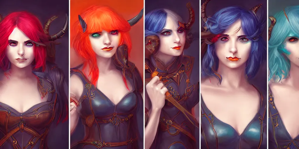 Prompt: triptych of youthful female feminine horned tiefling female bard with long bob cut blue hairstyle, her skin is orange and pale, and her eyes are pure black orbs, and she is wearing colorful leather armor by rossdraws,