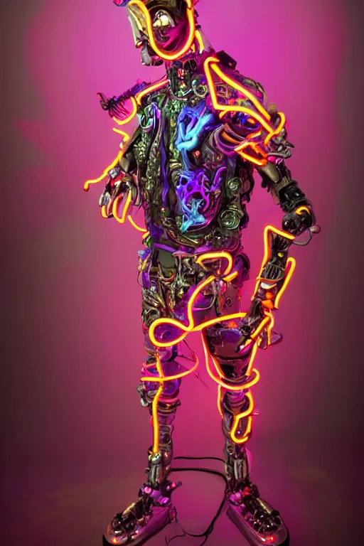 Prompt: full-body neon porcelain baroque cyberpunk style sculpture of a muscular handsome prince as a half-robot wearing retro shades, ruptured battery, leaking glowing neon radioactive liquid, electric sparks, glowing violet laser beam eyes, crown of giant diamonds, gold chain steampunk necklace, flowing purple satin, luminescent fabrics, mechanical roses. baroque and steampunk elements. full-length view. baroque element. intricate artwork by caravaggio. Trending on artstation, octane render, cinematic lighting from the right, hyper realism, octane render, 8k, depth of field, 3D