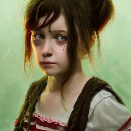 Prompt: artstation young girl with green eyes and pigtails her head in fury, looking to the right, very detailed, , portrait, high contrast