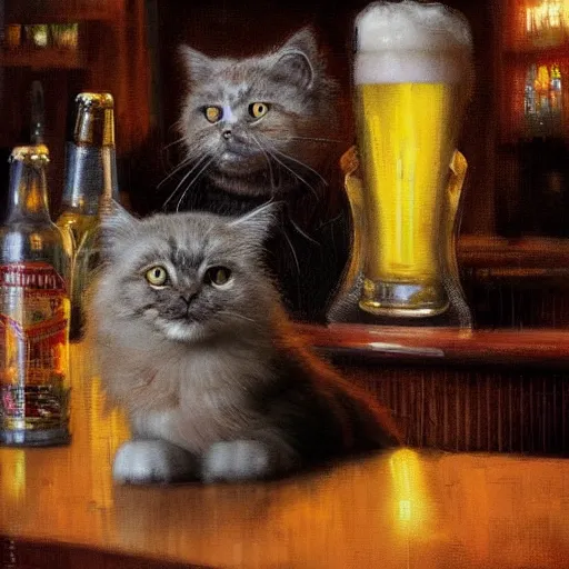 Image similar to of a british longhair cat sitting at the bar next to a beer, by greg rutkowski