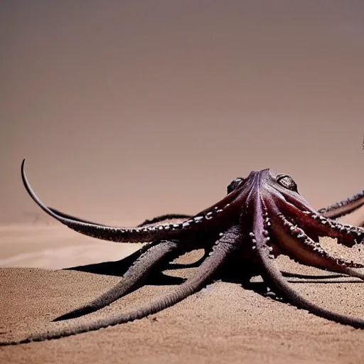 Prompt: National Geographic photo of octopus being crucified in the desert