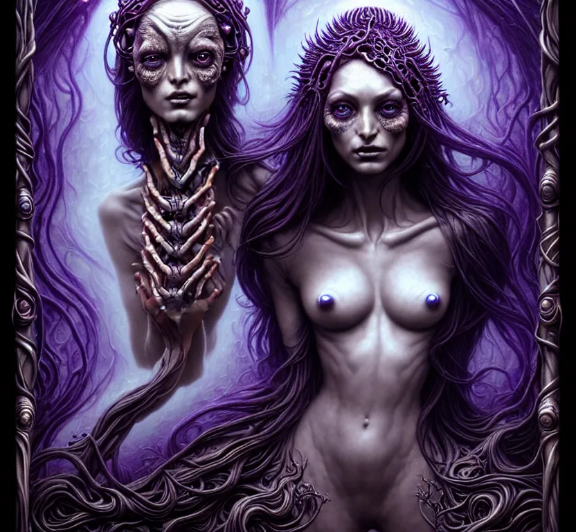 Image similar to A beautiful detailed alien goddess woman with 6 arms super dark tarot card, gorgeous model face by Stanley Artgerm, by tomasz alen kopera and Justin Gerard, 4 eyes, beautiful symmetrical features, ominous, magical realism, melting, texture, intricate, ornate, royally decorated, melting, whirling smoke, embers, purple adornments, blue torn fabric, radiant colors, fantasy, trending on artstation, volumetric lighting, micro details, 3d sculpture, ray tracing, 8k, anaglyph effect