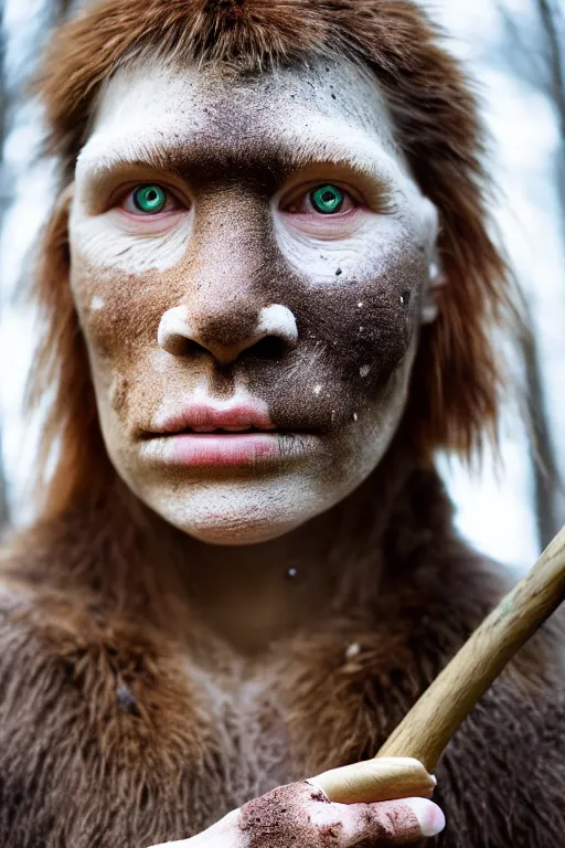 Image similar to a professional portrait photo of a gentle strong neanderthal woman in the forest in winter holding a spear, freckles and mud on face, black stripe painted side to side across her eyes, ginger hair and fur, extremely high fidelity, natural lighting,